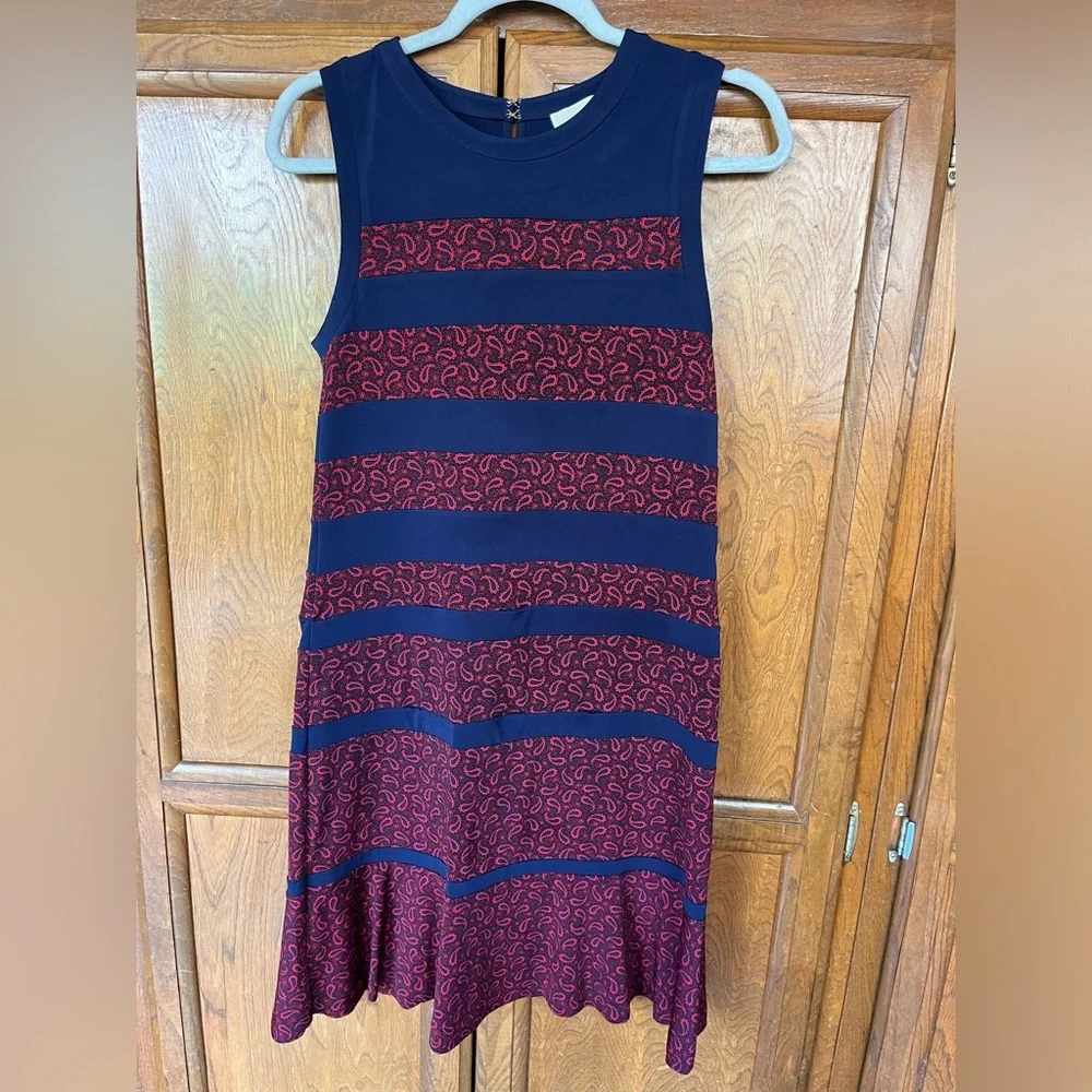Michael Kors Paisley Paneled Stretch Shift Dress Stripe Navy & Red Women’s PM
